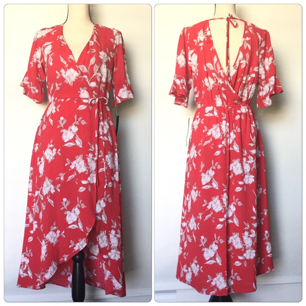 Red And White Floral Prints Wrap Style Romper